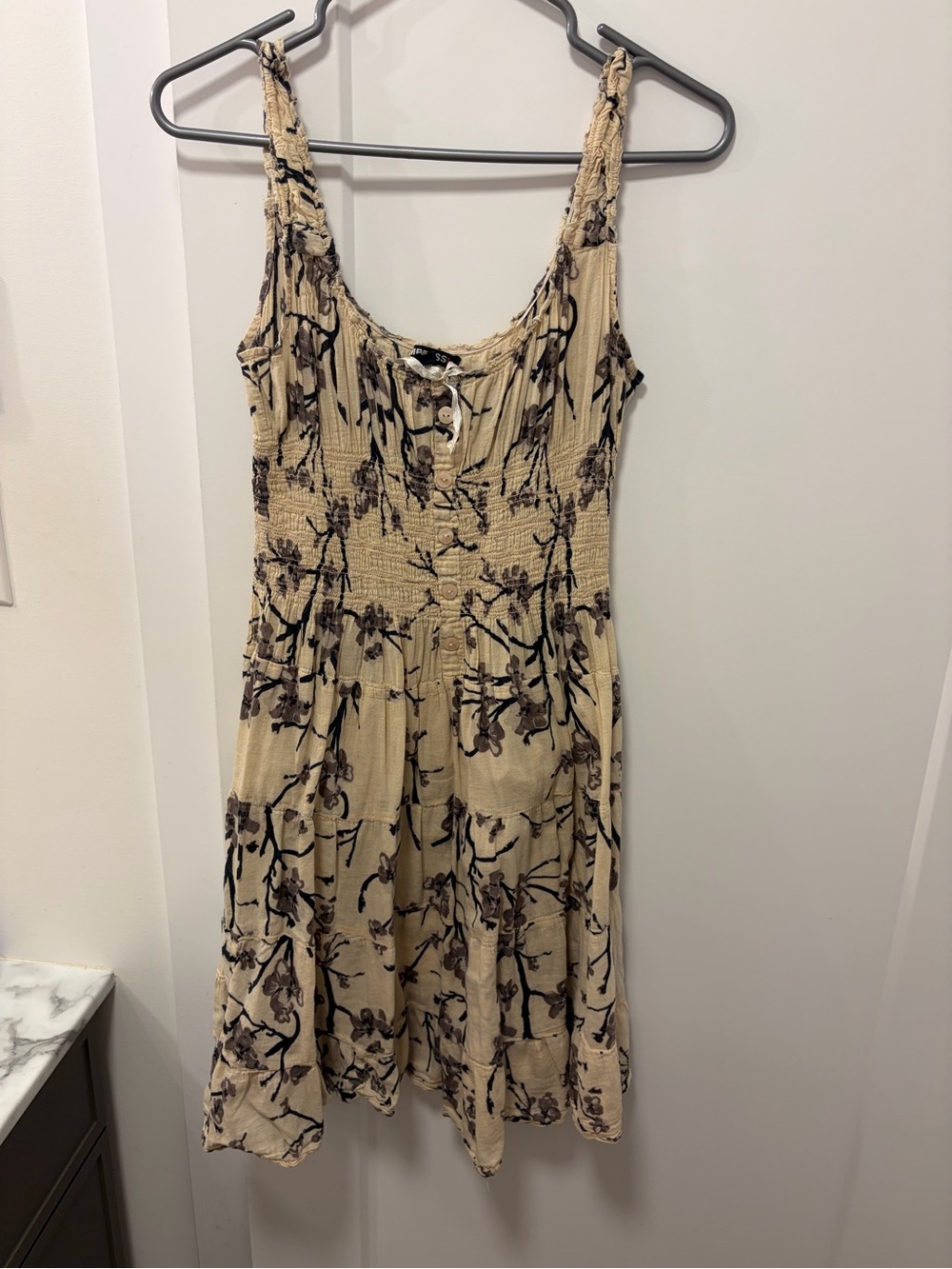 imPRESS Beige Floral Smocked Midi Dress with Dark Brown Print